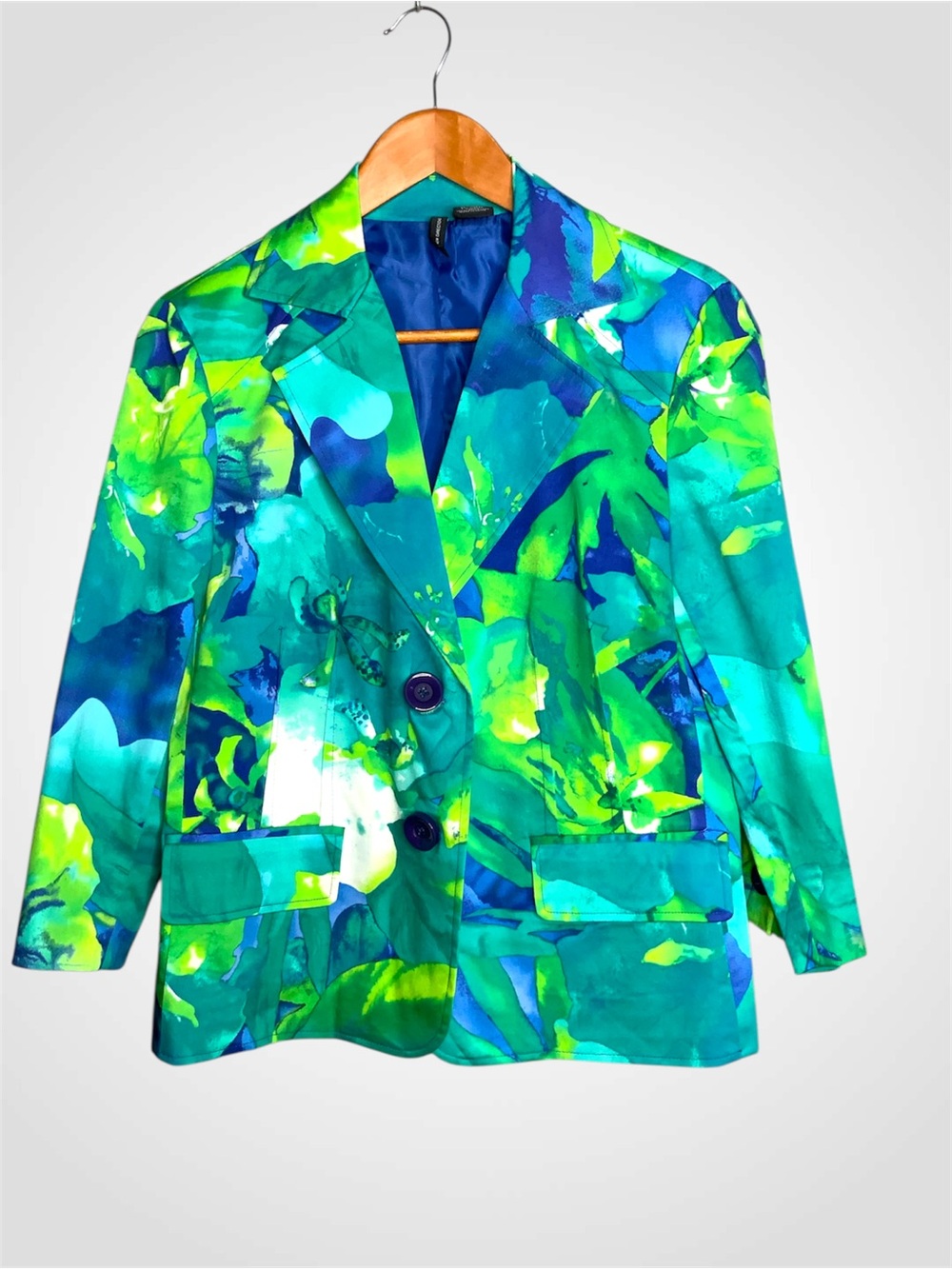 New Directions Teal and Lime Abstract Floral Blazer Medium